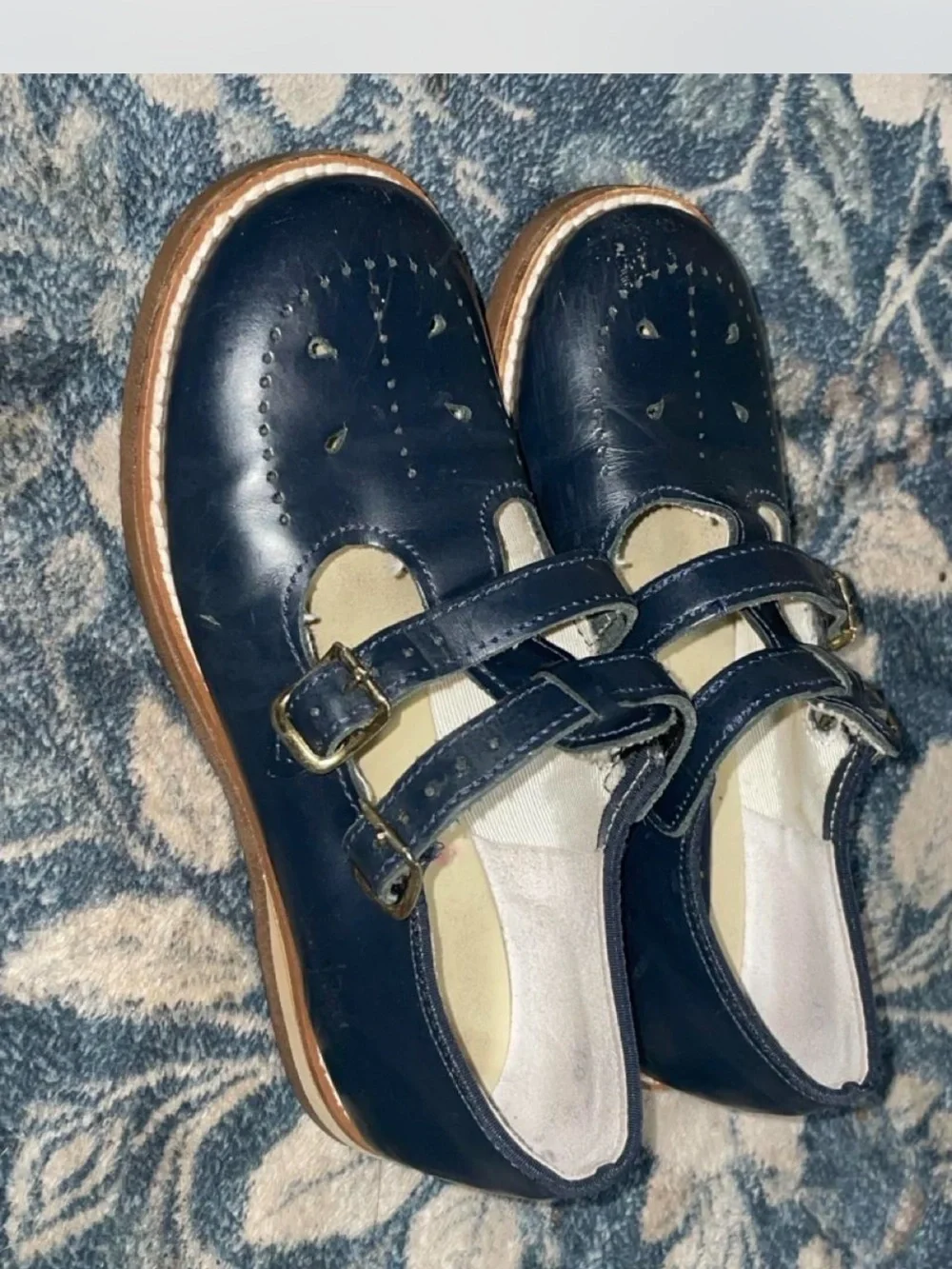 Vintage Amilio Navy Blue Leather Dbl T-Strap Mary Jane Shoes Girls Size 12 USA